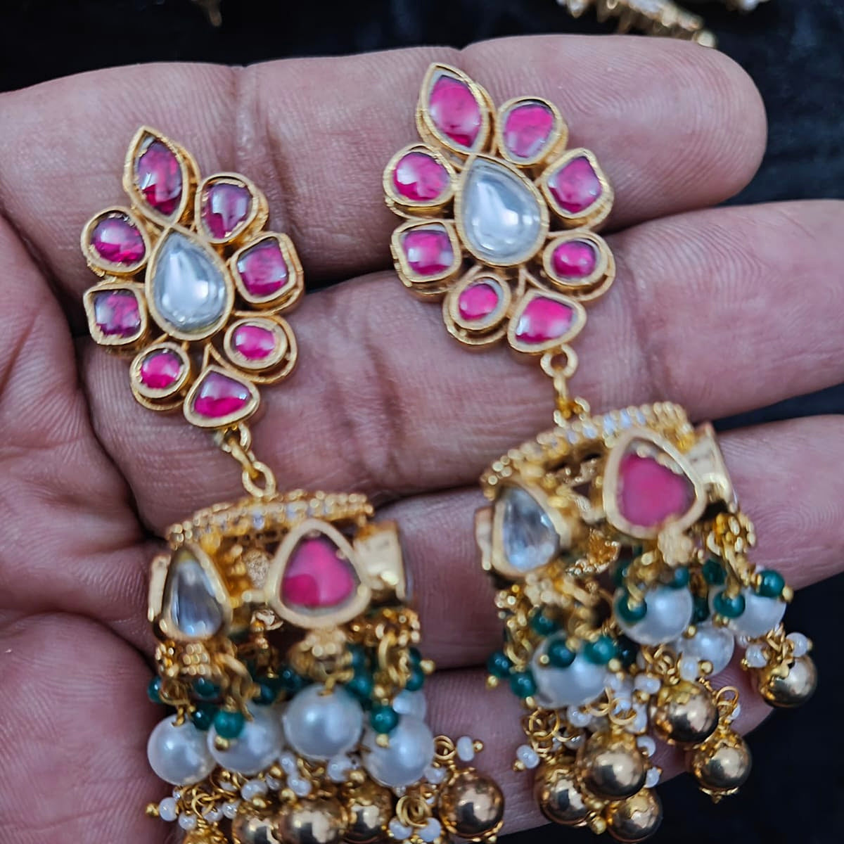 Ruby Flower Jhumka with Pearl & Green Beads - Jaipur Jadau Kundan imitation jewellery by House of Shri Dungar