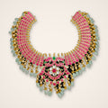 Ruby Kundan Bib Choker with Green Bead Drops - Jaipur Jadau Kundan imitation jewellery by House of Shri Dungar