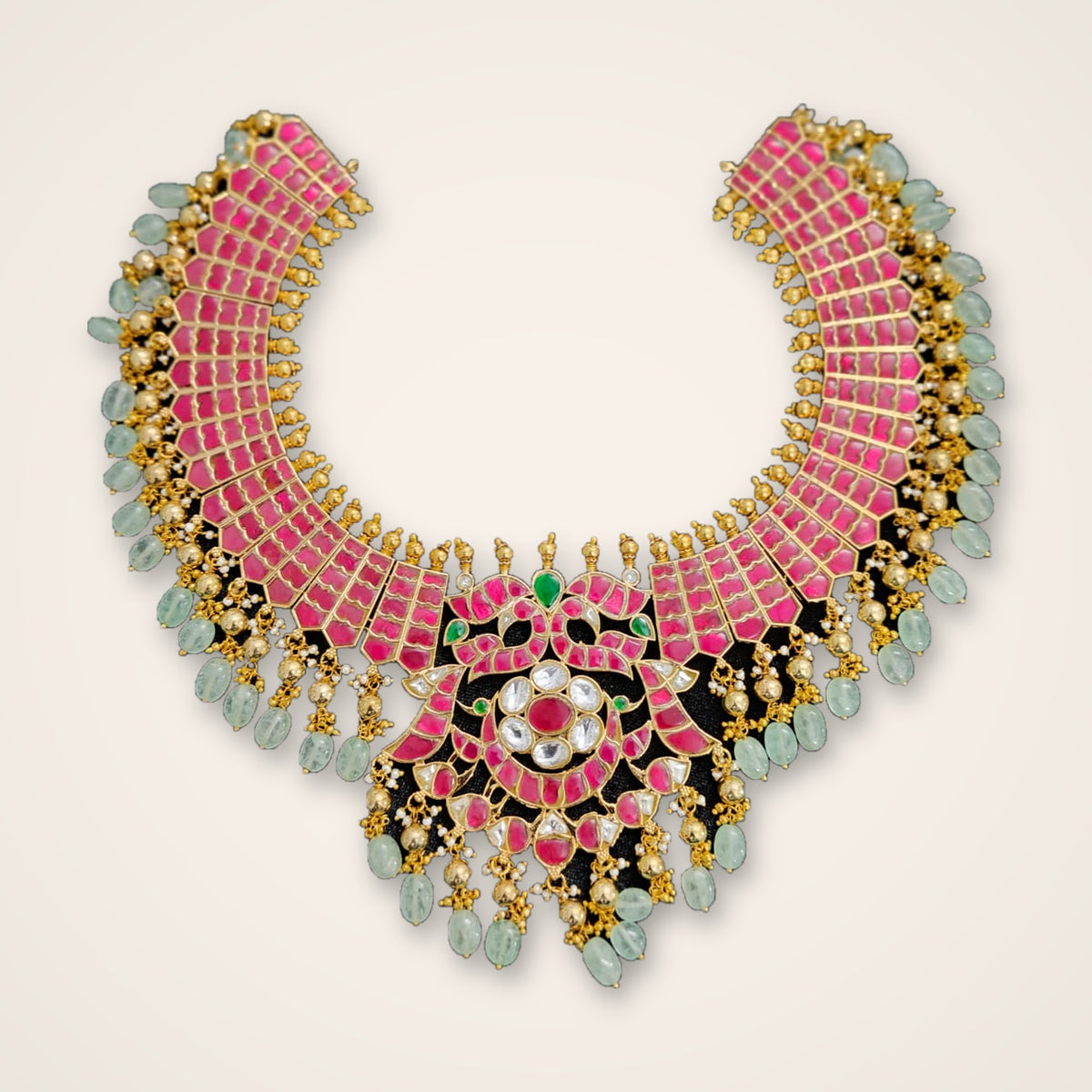 Ruby Kundan Bib Choker with Green Bead Drops - Jaipur Jadau Kundan imitation jewellery by House of Shri Dungar