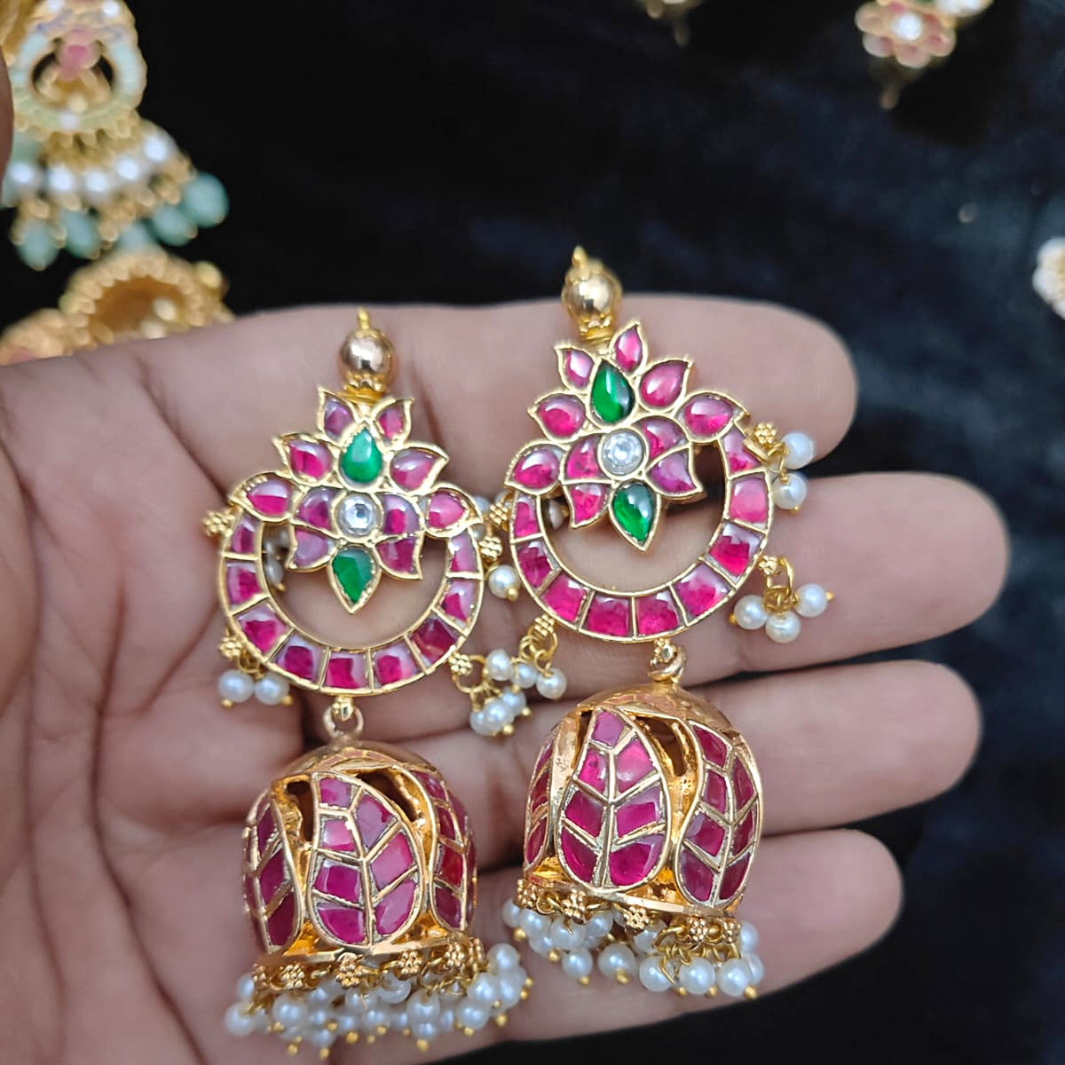 Ruby Lotus Chandbali with Leaf Jhumka - Jaipur Jadau Kundan imitation jewellery by House of Shri Dungar