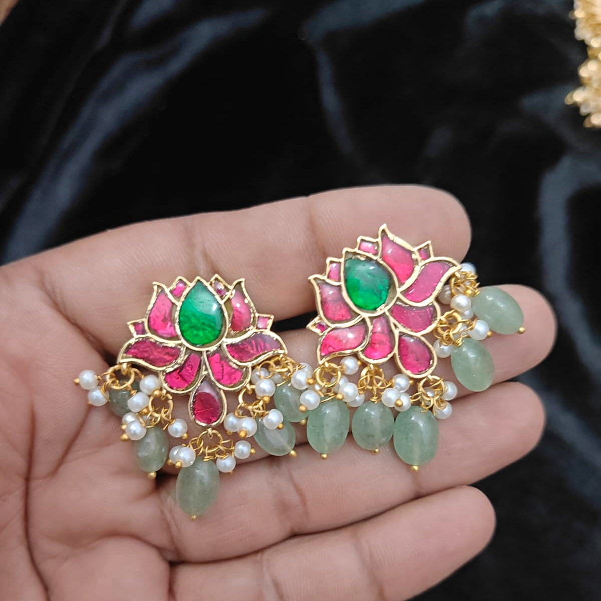 Ruby Lotus Studs with Mint Bead Drops - Jaipur Jadau Kundan imitation jewellery by House of Shri Dungar