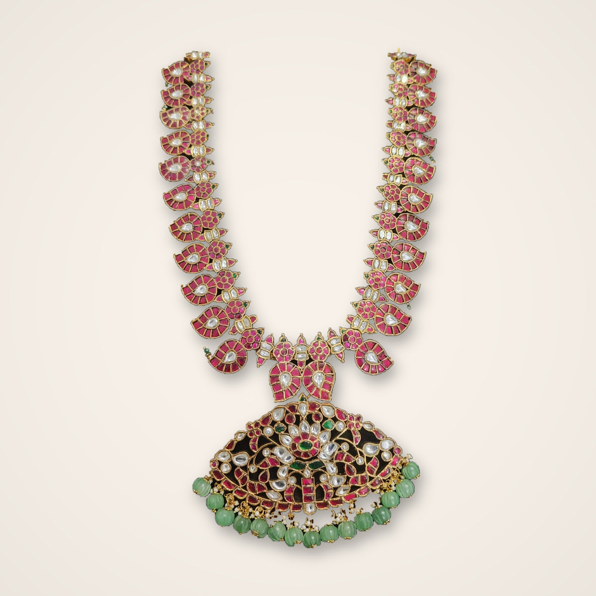 Ruby Mango Mala with Temple Pendant - Jaipur Jadau Kundan imitation jewellery by House of Shri Dungar