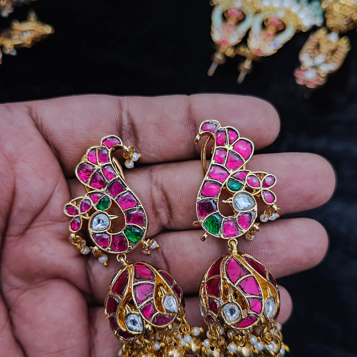 Ruby Peacock Jhumka with Mint Beads - Jaipur Jadau Kundan imitation jewellery by House of Shri Dungar