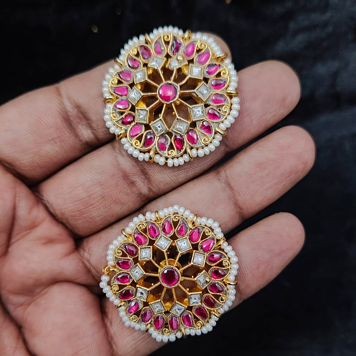 Ruby Polki-Style Chakra Studs with Pearl Border - Jaipur Jadau Kundan imitation jewellery by House of Shri Dungar