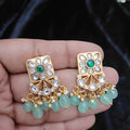 Square Polki-Style Studs with Mint Bead Drops - Jaipur Jadau Kundan imitation jewellery by House of Shri Dungar