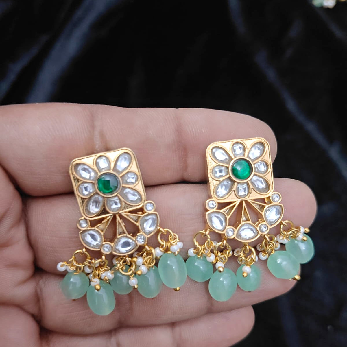 Square Polki-Style Studs with Mint Bead Drops - Jaipur Jadau Kundan imitation jewellery by House of Shri Dungar