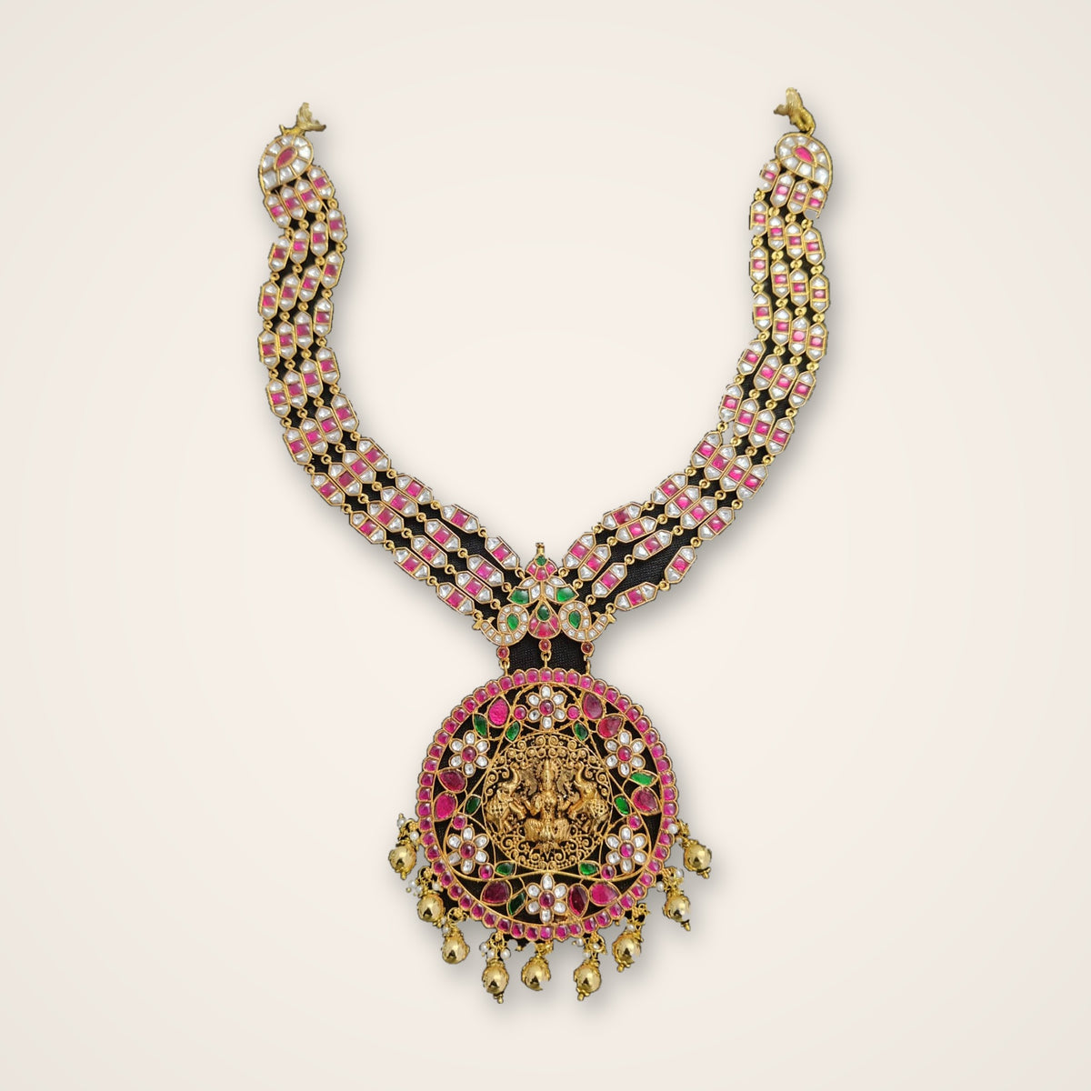 Three-Line Ruby Haram with Lakshmi Pendant - Jaipur Jadau Kundan imitation jewellery by House of Shri Dungar
