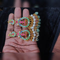 Turquoise Peacock Chandbali with Pearl & Mint Fringe - Jaipur Jadau Kundan imitation jewellery by House of Shri Dungar