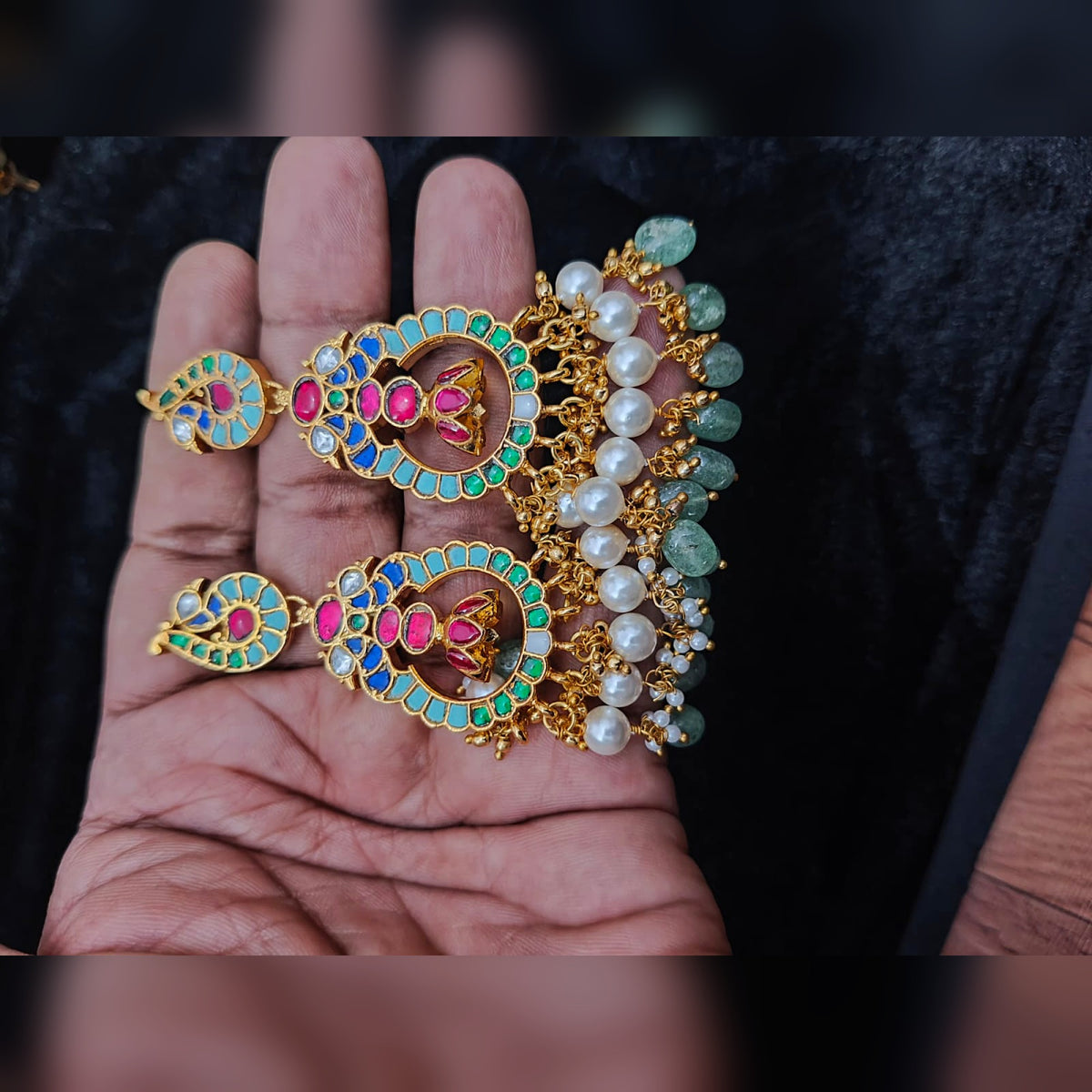 Turquoise Peacock Chandbali with Pearl & Mint Fringe - Jaipur Jadau Kundan imitation jewellery by House of Shri Dungar