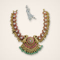 Twin Peacock Kundan Necklace with Green Drops - Jaipur Jadau Kundan imitation jewellery by House of Shri Dungar