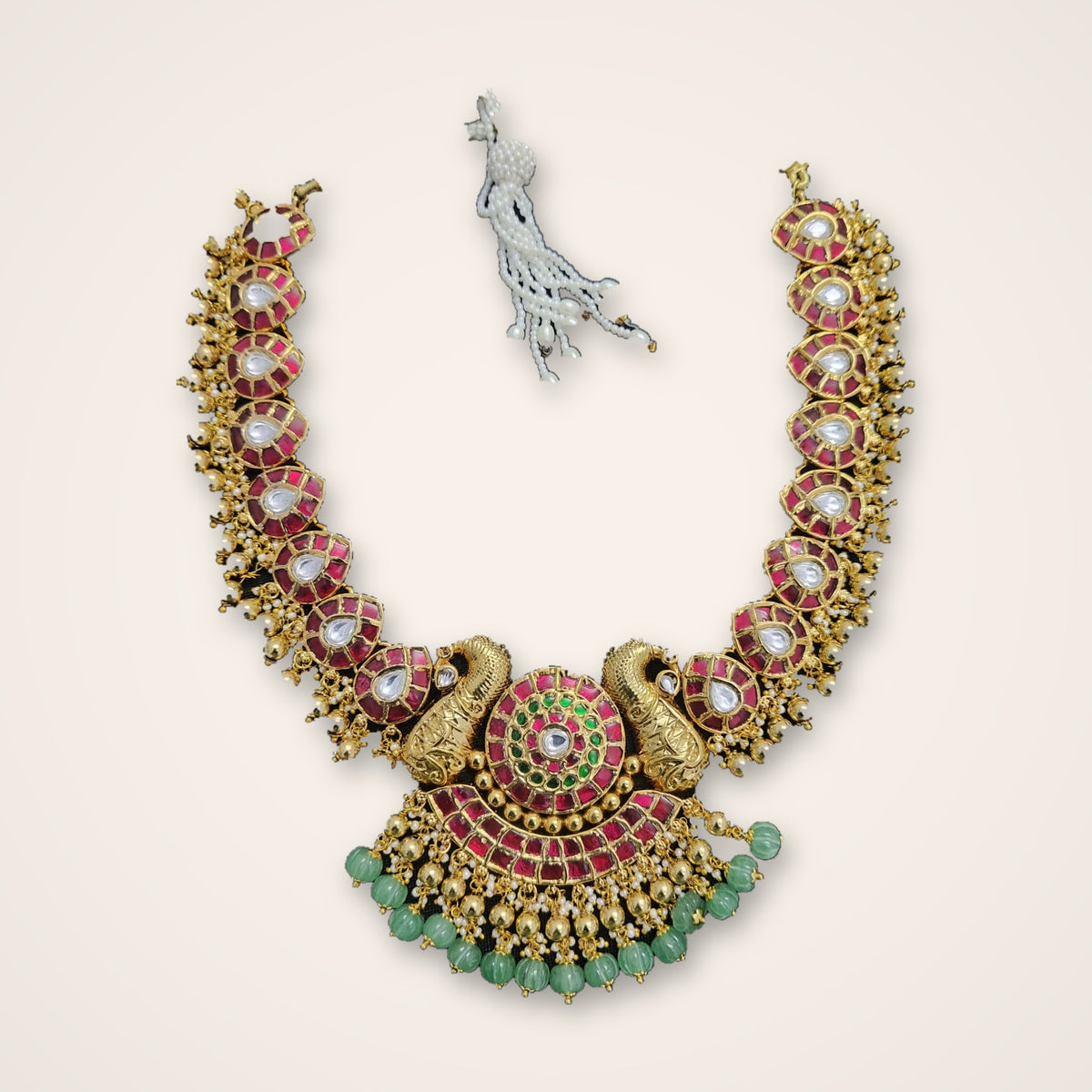 Twin Peacock Kundan Necklace with Green Drops - Jaipur Jadau Kundan imitation jewellery by House of Shri Dungar