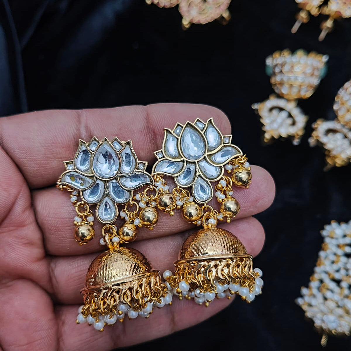 White Lotus Kundan Gold Jhumka - Jaipur Jadau Kundan imitation jewellery by House of Shri Dungar